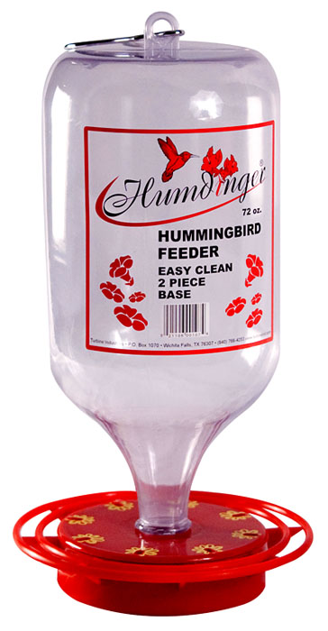 Item #107 – 72oz Easy fill plastic container Guaranteed not to drip. Designed to feed ONLY hummingbirds. Red ABS Plastic base (non-metallic) Full ring perch with 8 feeding stations with metal hanger. Case Qty:12